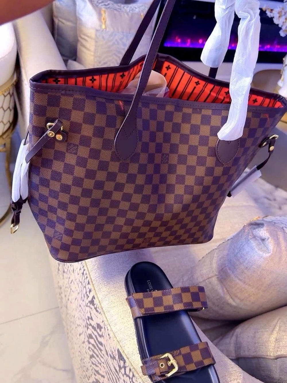 Designer-Inspired Brown Check Tote with Orange Lining